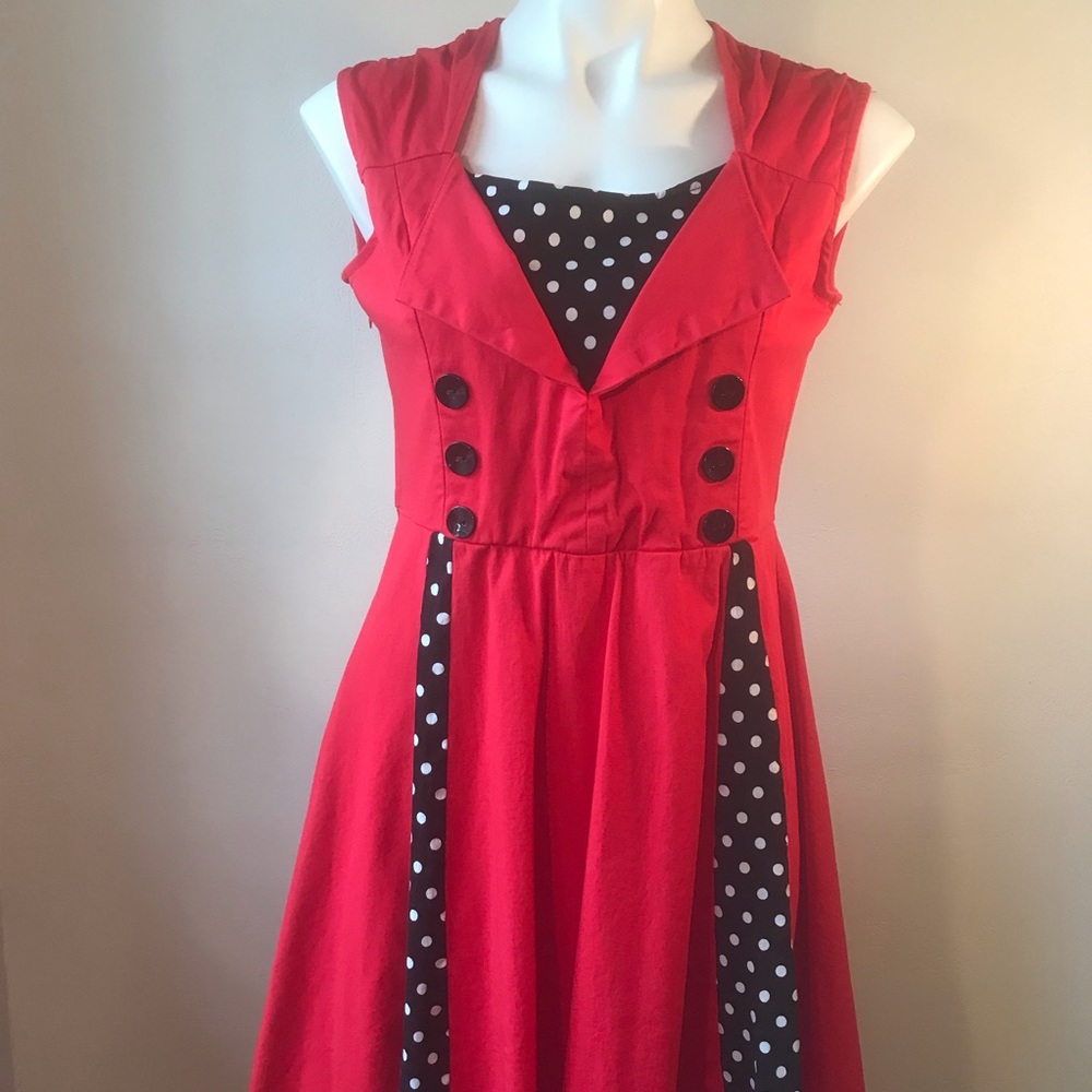 Retro Pin-Up Rockabilly 50s Fit and Flare Dress, Red, Black & White Polka Dots